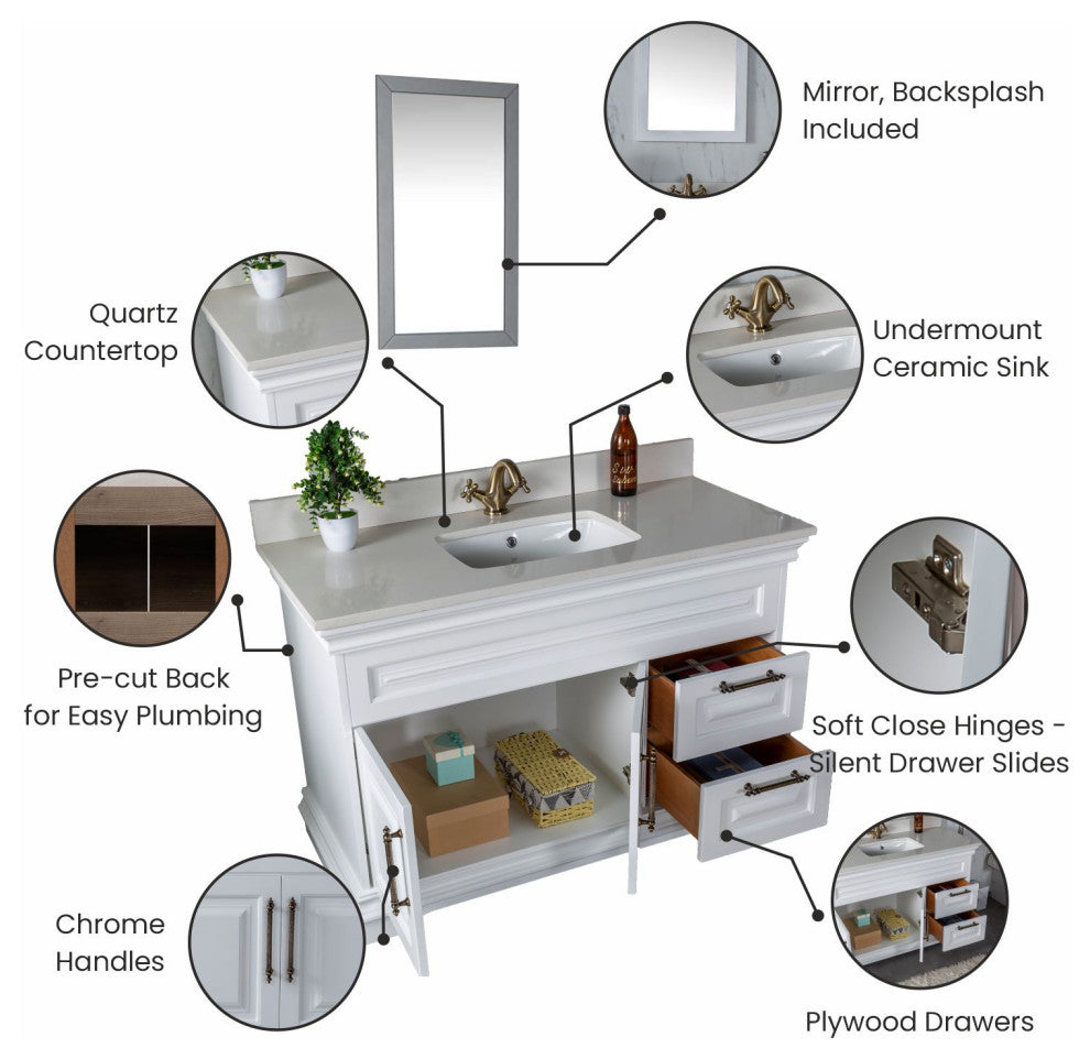 Romana Collection 48" Bathroom Vanity With Sink, Mirror, Countertop, White