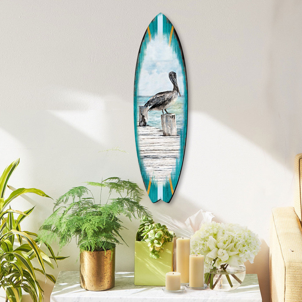 Pelican Surfboard Coastal Door Art, Approximate Size: 24x7