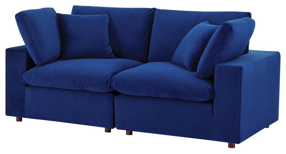 Loveseat Sofa, Velvet, Blue Navy, Modern, Living Lounge Hotel Lobby Hospitality