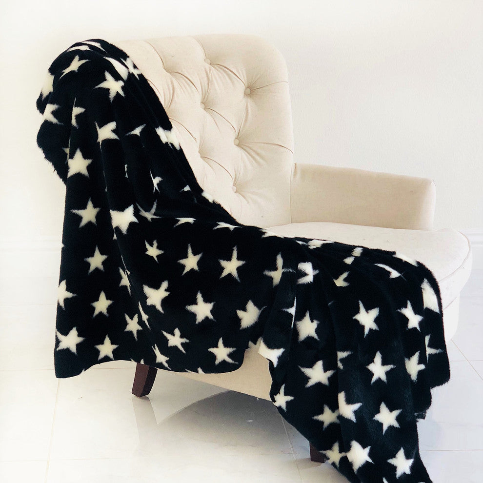 Plutus Black and White Stars Soft Handmade Luxury Throw, Blanket 96l X 110w Quee