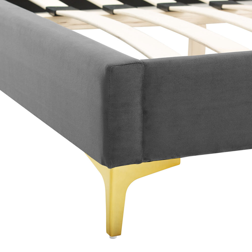 Platform Bed Frame, King Size, Charcoal Gray, Velvet, Modern, Guest Suite