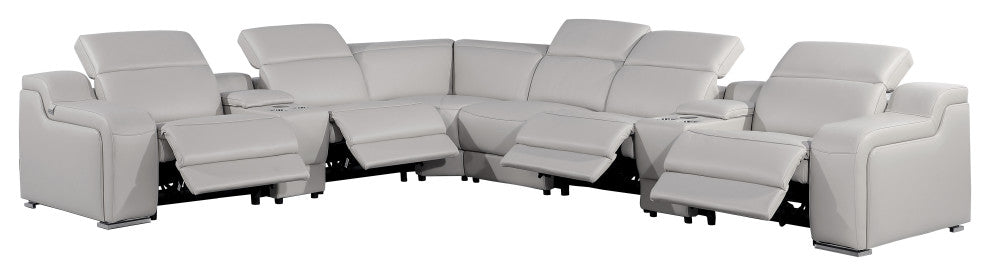 Marco-8-Piece, 4-Power Reclining Italian Leather Sectional, Light Gray