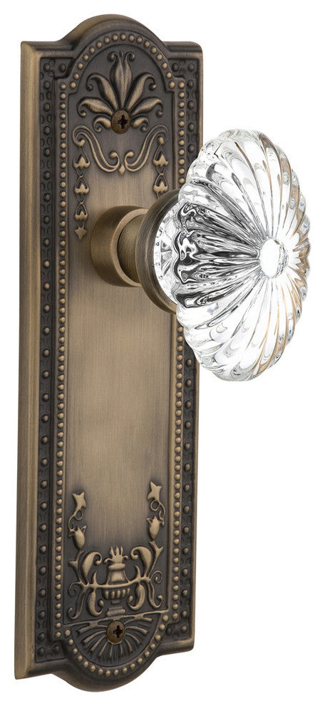 Meadows Plate Passage Oval Fluted Crystal Glass Knob, Antique Brass