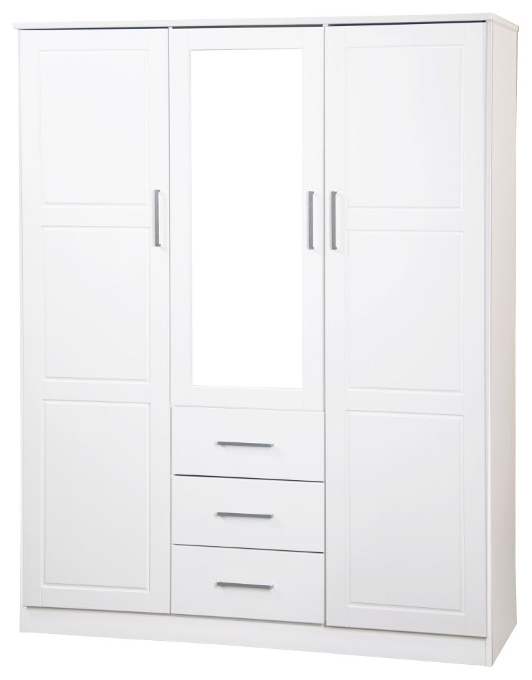 100% Solid Wood Cosmo 3-Door Wardrobe/Armoire, 2 Shelves, White