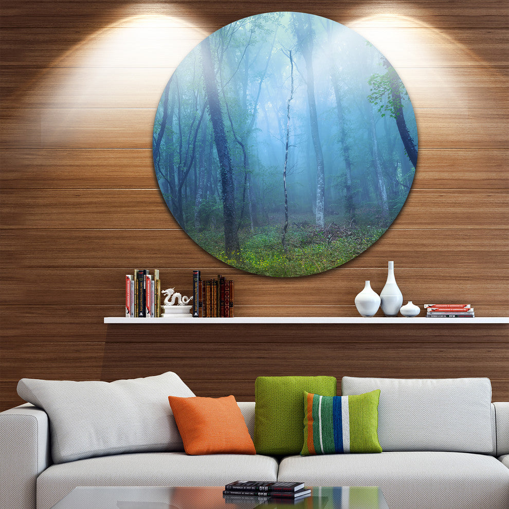 Dark Foggy Forest Trees, Landscape Photo Large Disc Metal Wall Art, 11"