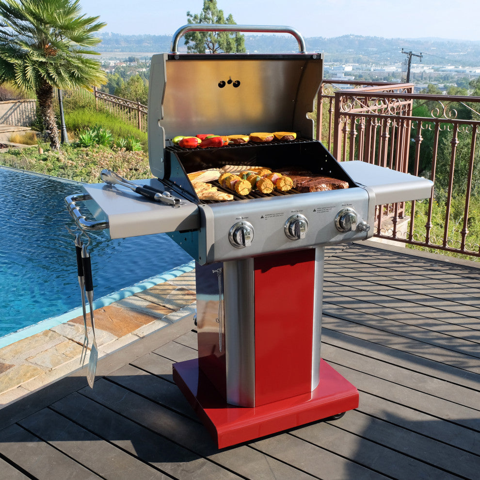 Kenmore 3 Burner Gas Grill with Side Shelves, Red