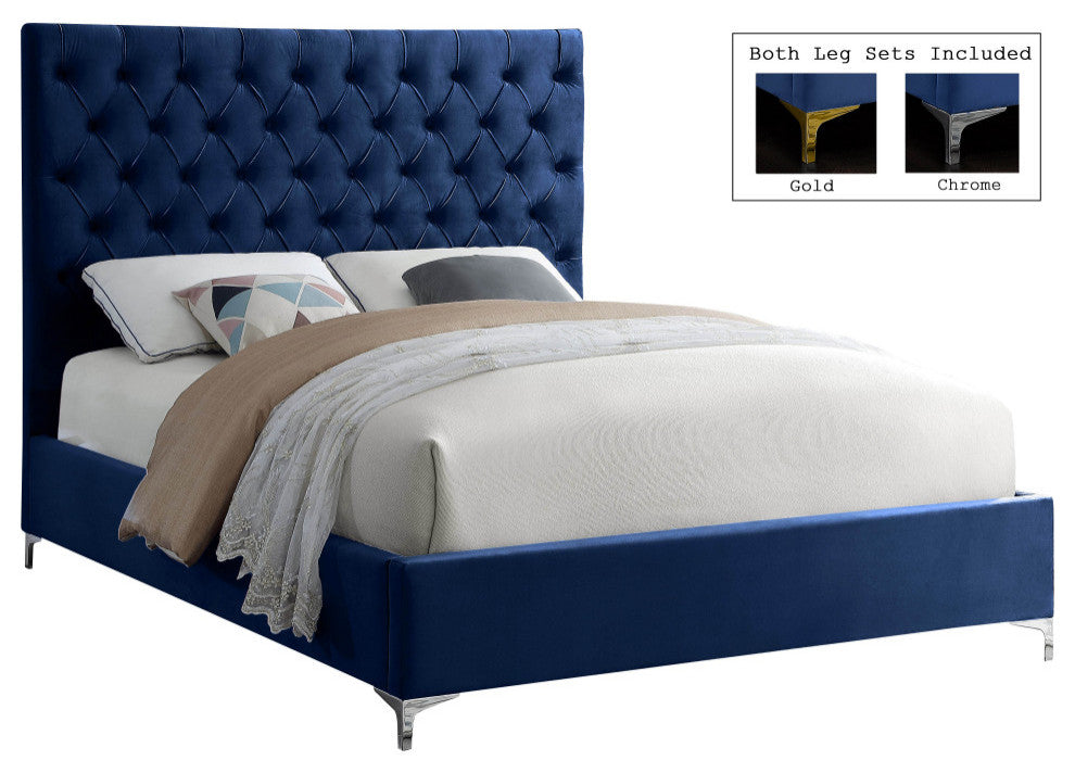 Cruz Velvet Upholstered Bed, Navy, Full