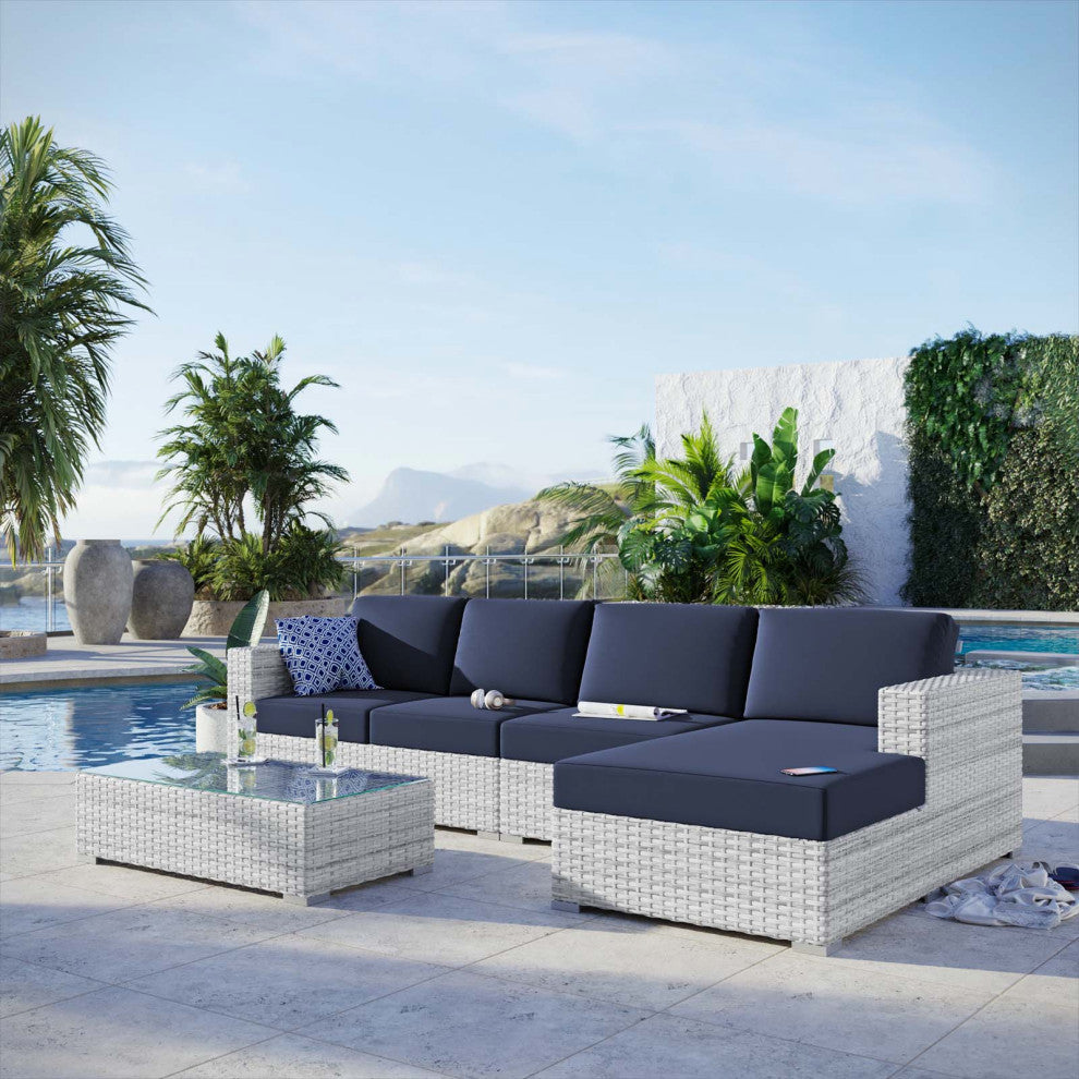 Lounge Sectional Sofa Chair Set, Rattan, Wicker, Gray Blue Navy, Outdoor