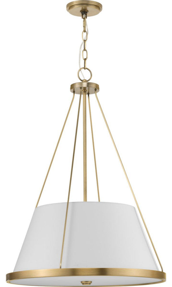 Saffert Collection Three-Light Vintage Brass White Linen Glass Pendant Light