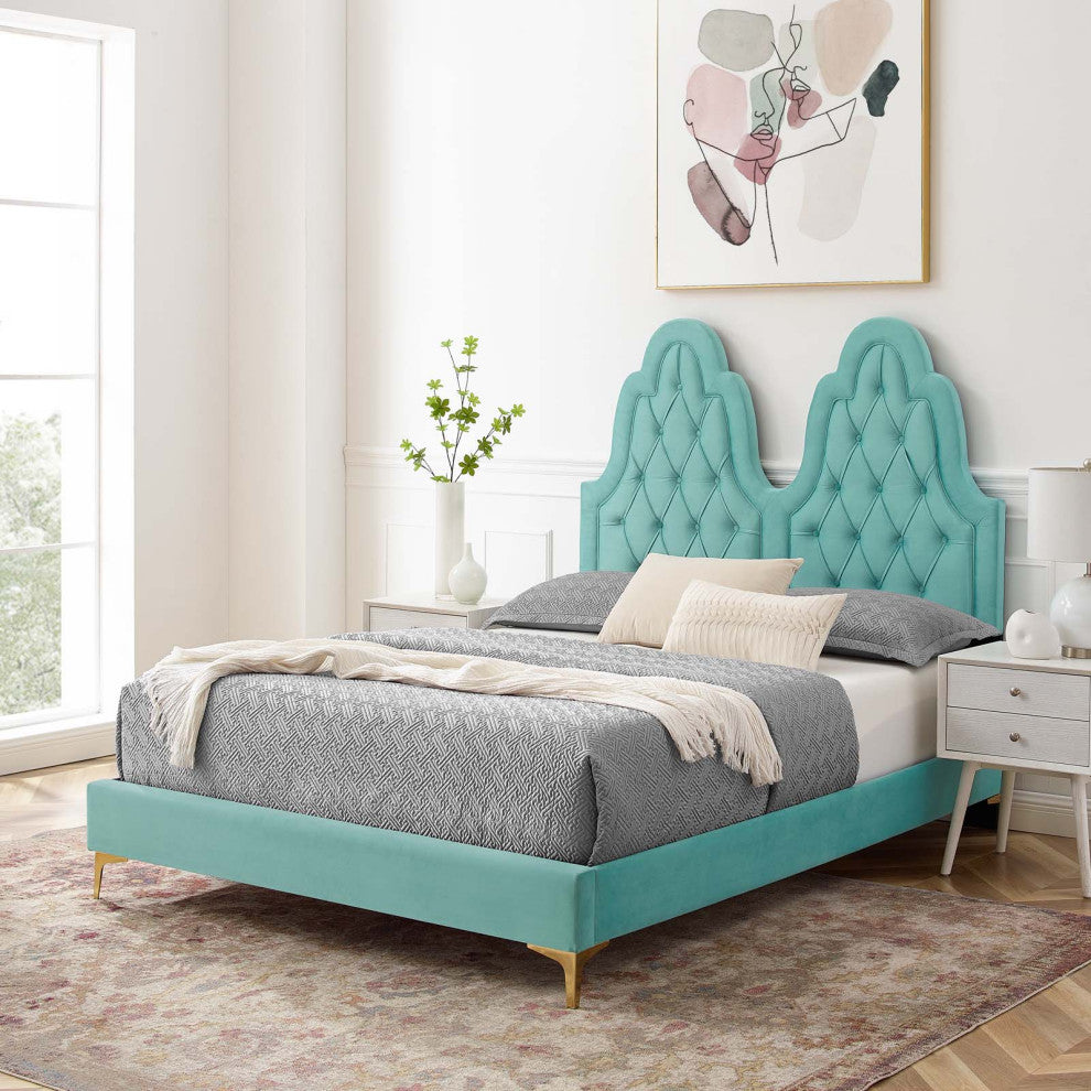 Tufted Platform Bed Frame, Full Size, Velvet, Blue, Modern Contemporary, Bedroom