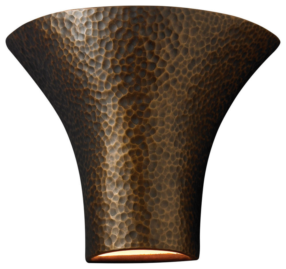 Ambiance Outdoor Large Ceramic Round Flared Wall Sconce, Hammered Brass, LED