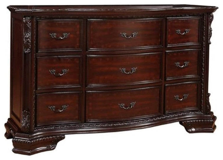 Benzara BM215148 9 Drawers Dresser With Engraved Details, Cherry Brown