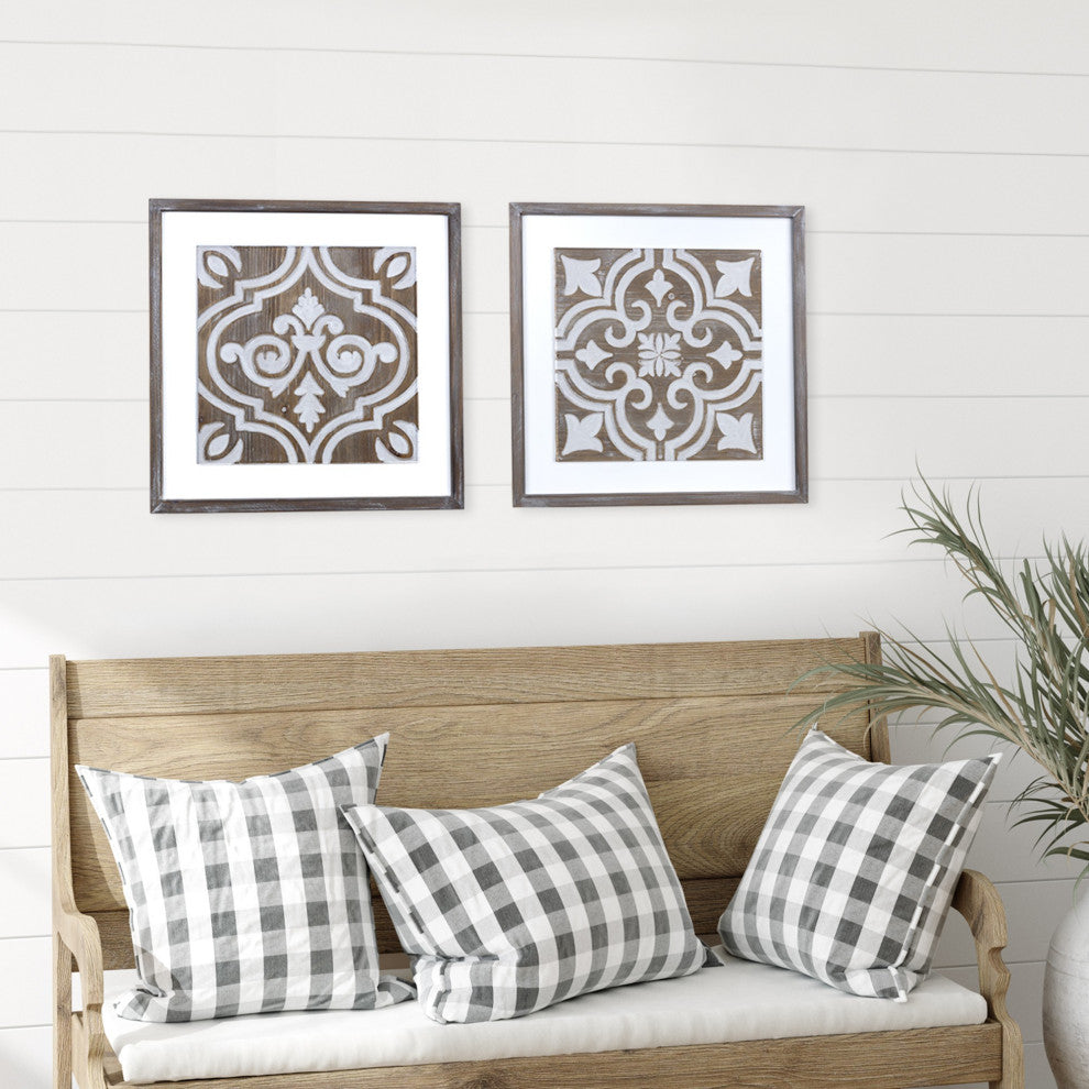 Wooden Gray and Beige Ethnic Tile Wall Plaque