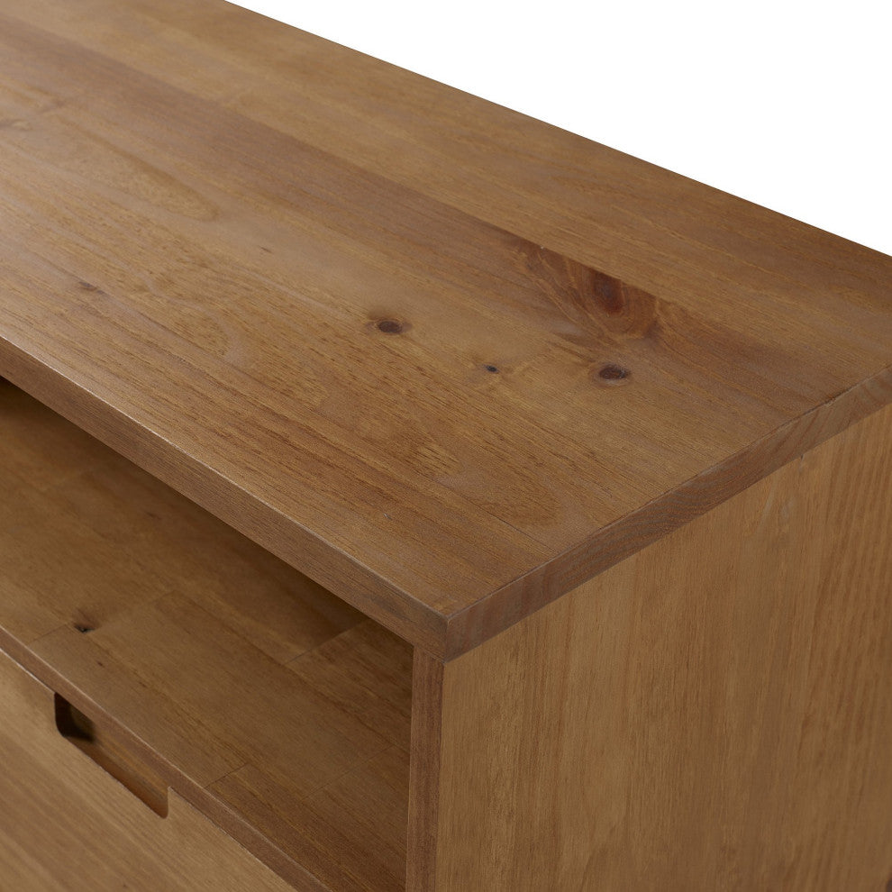 Rectangular TV Stand, Sleek Angled Legs With 3 Open Shelves & 3 Drawers, Caramel