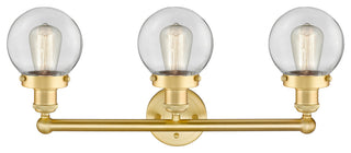 Small Edison Beacon 3-Light 25" Vanity Light, Satin Gold Finish, Clear Shade