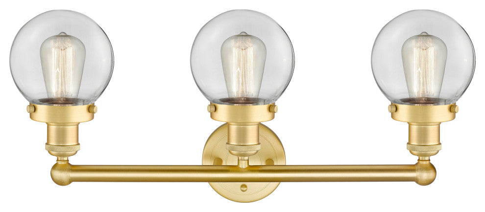 Small Edison Beacon 3-Light 25" Vanity Light, Satin Gold Finish, Clear Shade