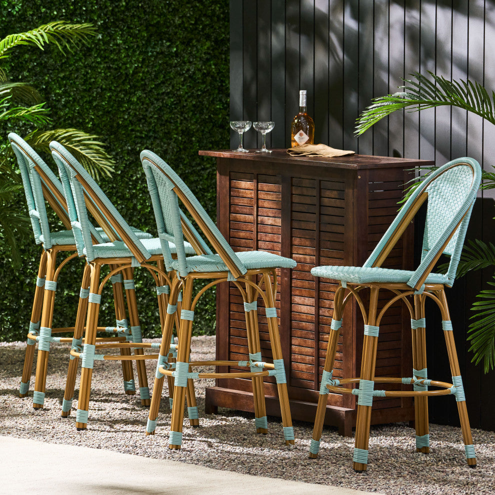 Cotterell Outdoor French Wicker and Aluminum 29.5" Barstools, Set of 4, Light Teal/Bamboo Finish