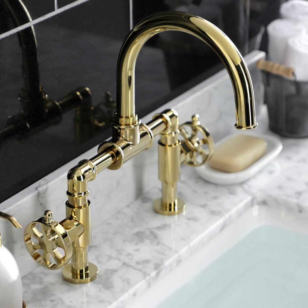 Belknap Style Wheel Handle Bridge Bathroom Faucet With Drain, Polished Brass