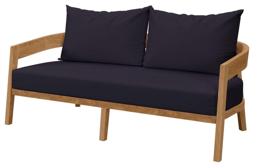 Sectional Sofa Chair Table Set, Blue Navy Natural, Teak Wood, Outdoor Patio