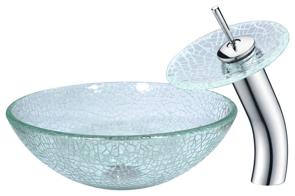 ANZZI Paeva Glass Vessel Sink, Clear Chipasi with Waterfall Faucet
