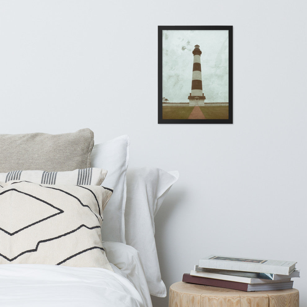 Aged Bodie Lighthouse Landscape Framed Photo Paper Wall Art Prints, Black, 12" X 16"