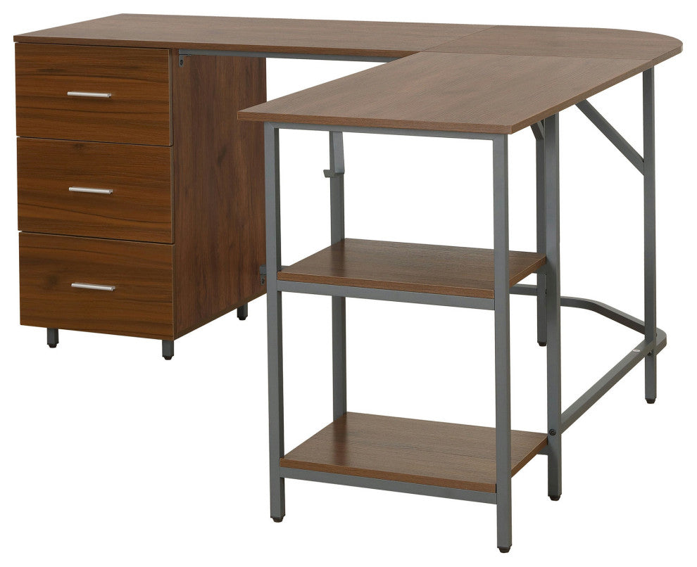 Techni Mobili L-Shape Home Office Two Tone Desk with Storage, Walnut