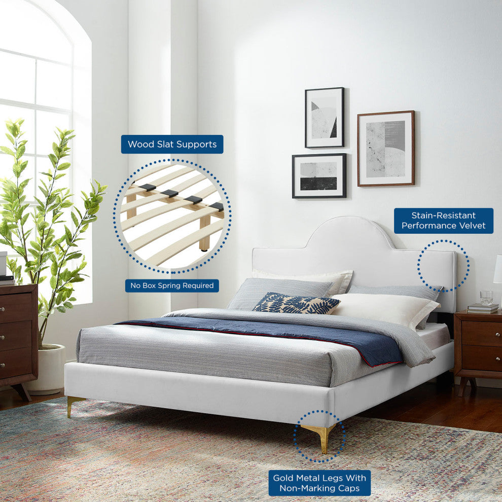 Platform Bed Frame, King Size, White, Velvet, Modern, Bedroom Guest Suite