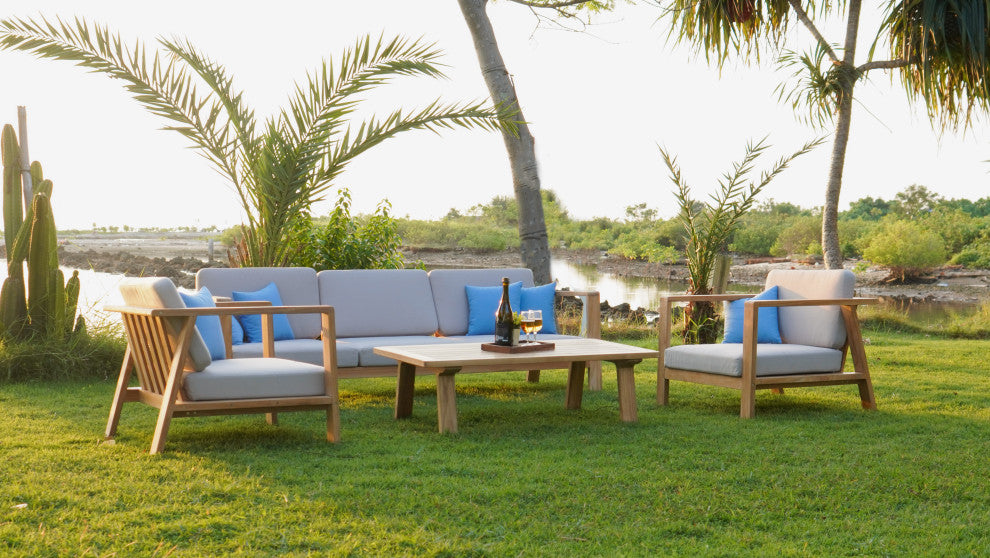 ROSSIO - Nofi 4 Pieces Teak Outdoor Conversation Set, Brown Natural Wood