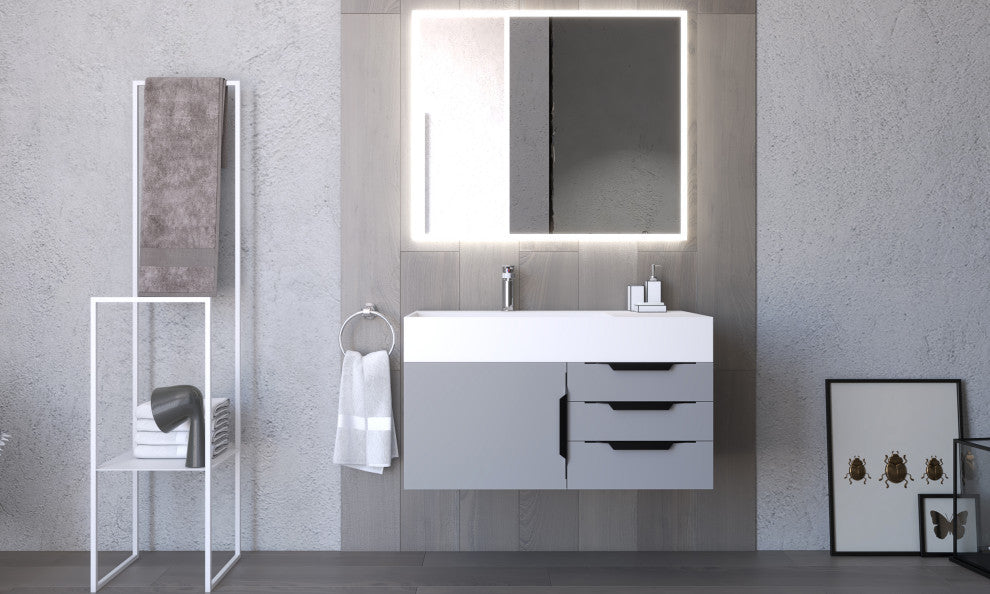 CastelloUSA Amazon 36" Wall Mount Vanity Set, Gray, White Top, Black Handles