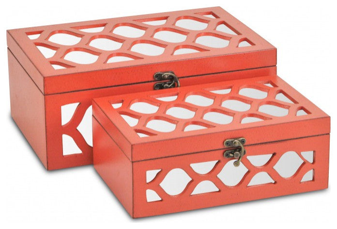 Set of Coral Quatrefoil Mirror Jewelry Storage Boxes