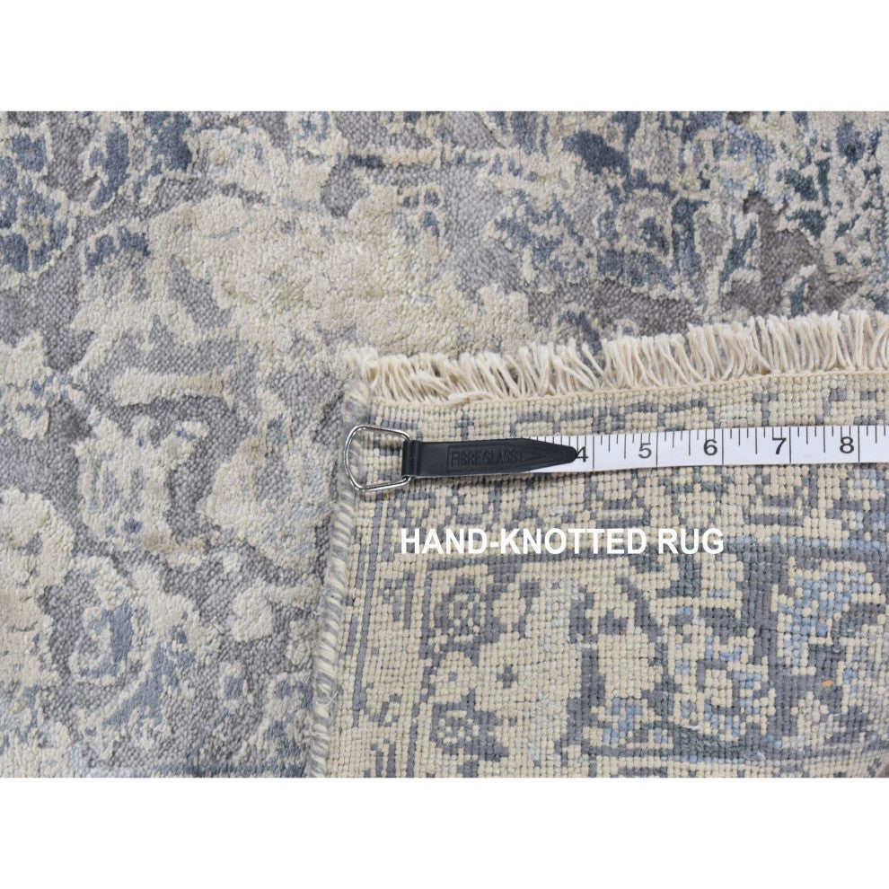 Gray, Erased Kashan Design, Wool With Silk Hand Knotted Runner Rug, 2'6"x9'10"