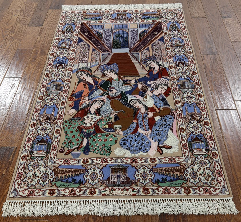 Authentic Persian Isfahan Pictorial Scene Hand Knotted Wool and Silk Rug, 4x6