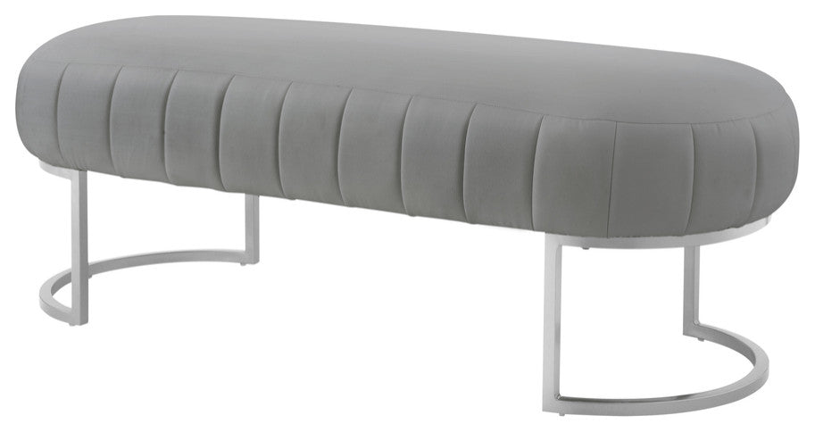 53" Gray and Silver Upholstered Faux Leather Bench