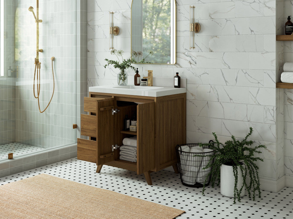 Madison Teak 36 Center Sink Bath Vanity in Dark Natural 1.5" Empira Quartz