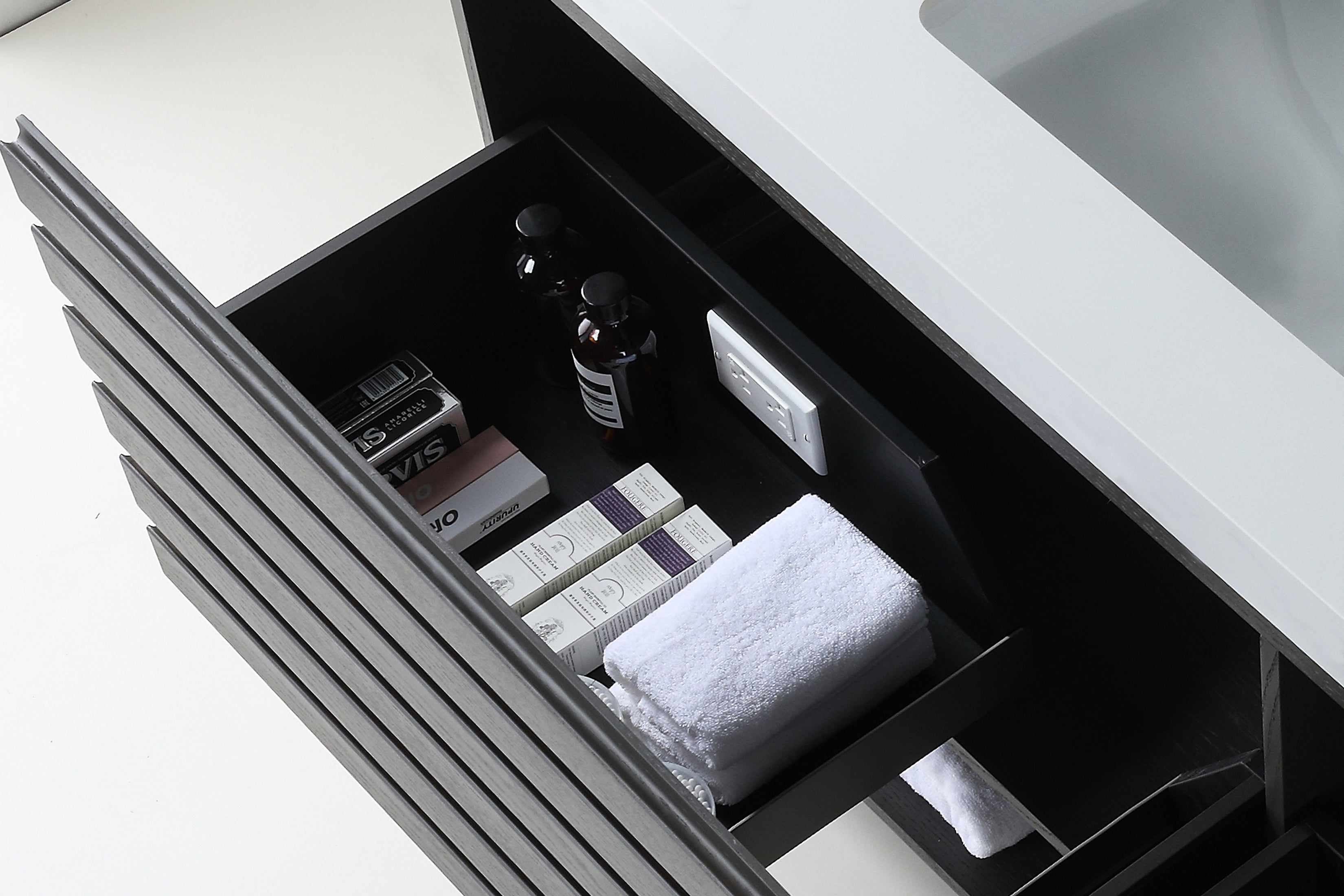 Matera Wall Mount Modern Bathroom Vanity, Charcoal, 60", White Countertop