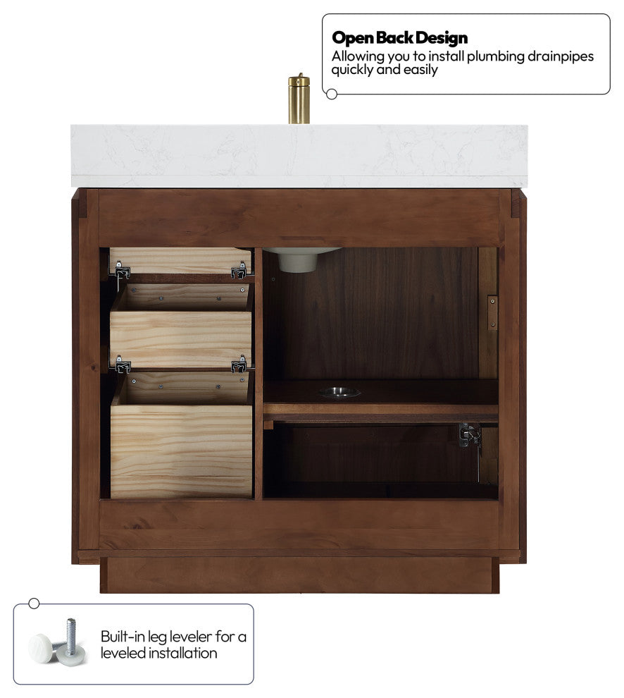 San Bath Vanity with Stone Top, Natural Walnut, 36", Single Vanity, With Mirror