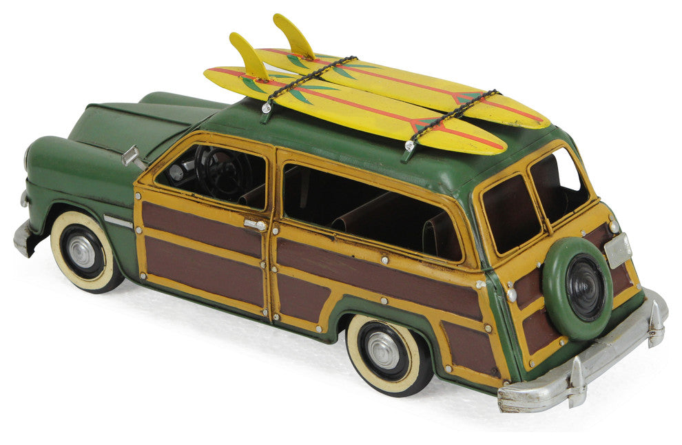Mini Woody Car With Surfboard Circa 1949, Green