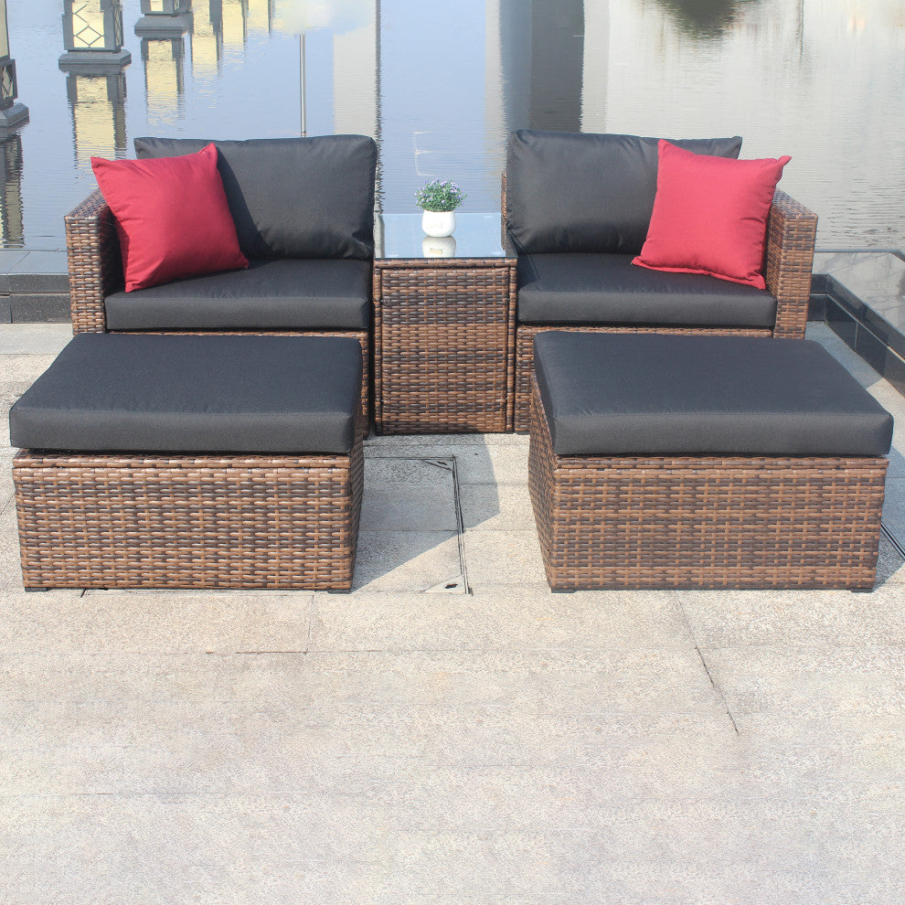 5-Pieces Wide Outdoor Wicker Reversible Patio Sectional With Cushions