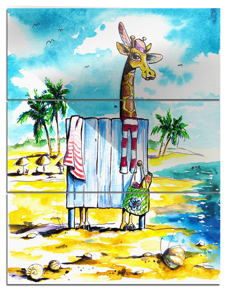 "Giraffe in Dressing Room on Beach" Cartoon Metal Wall Art, 3 Panels, 28"x36"
