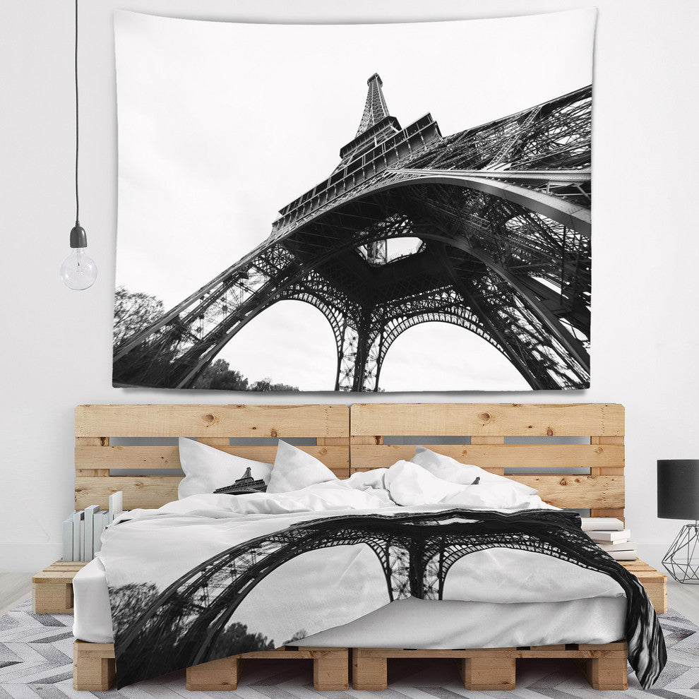Paris Paris Eiffel Towerin Black and White Side View Wall Tapestry, 60"x50"
