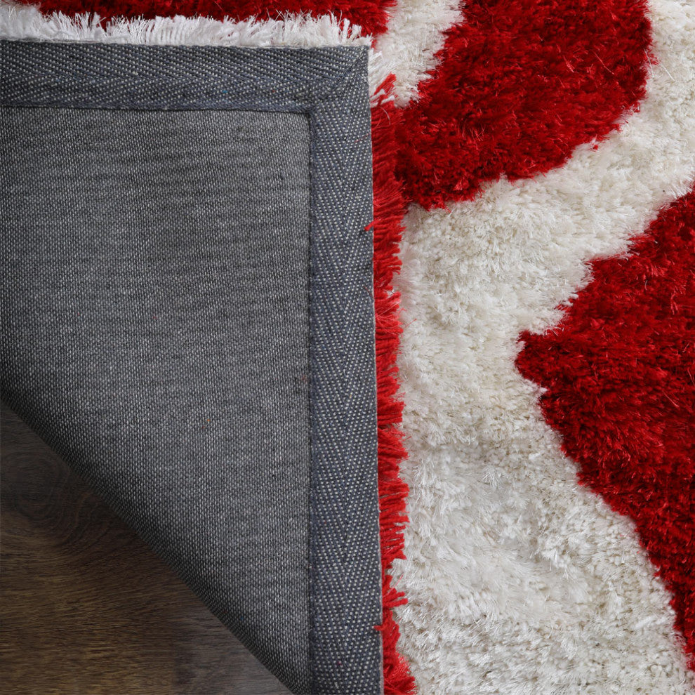 Hand Tufted Shag Polyester Area Rug Contemporary Red White, [Square] 10'x10'
