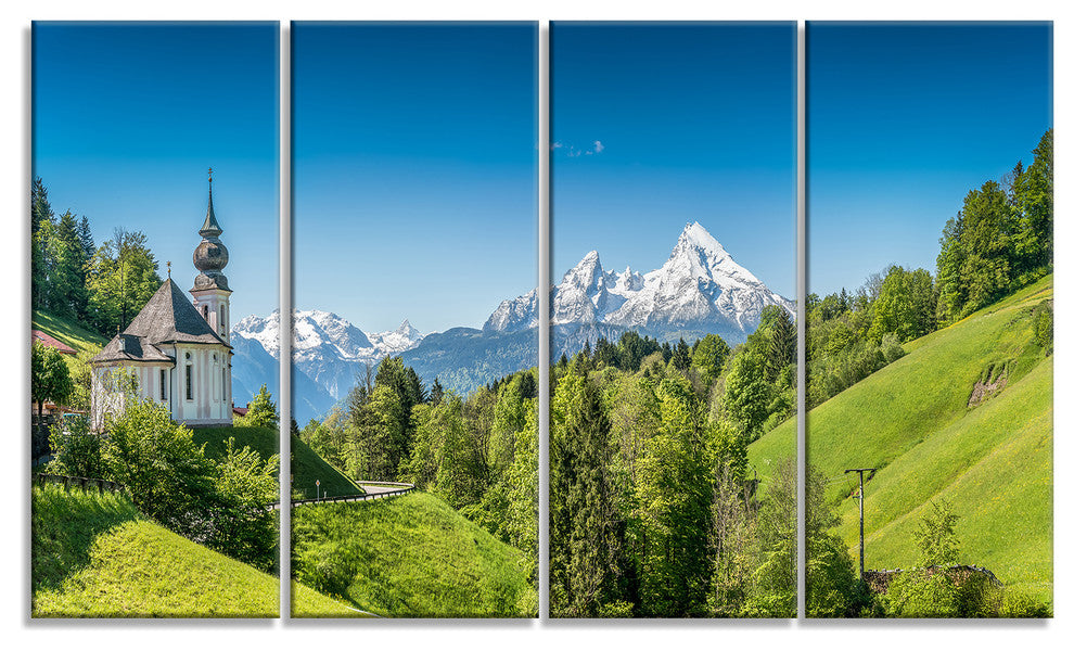 Green Mountain View of Bavarian Alps, Landscape Canvas Print, 48"x28", 4 Panels