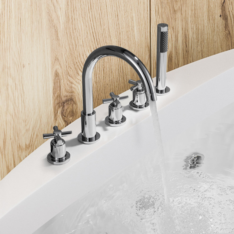Sorlia Cross Handles Deck-Mount Roman Tub Faucet With Handshower, Polished Chome