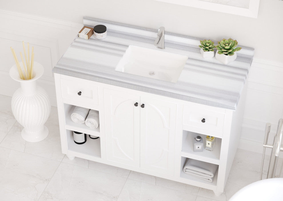 Odyssey, 48, White Cabinet With White Stripes Marble Countertop