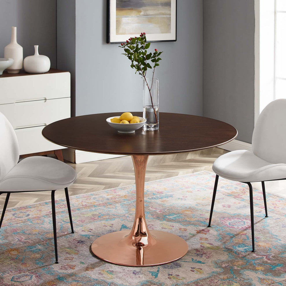 Dining Table, Round, Wood, Rose Gold Dark Brown Brown Walnut, Modern, Bistro