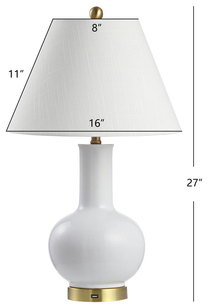Han 27" Ceramic Contemporary USB Charging LED Table Lamp, White