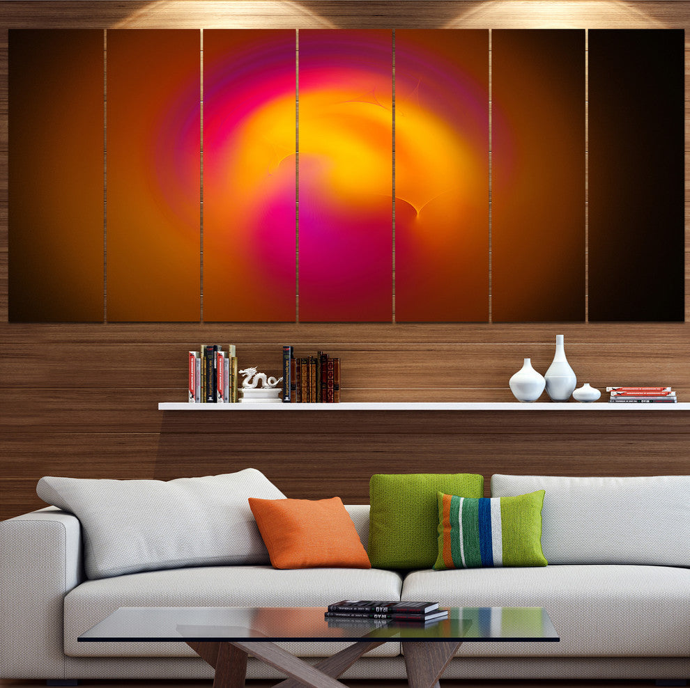 Yellow Pink Misty Sphere on Black, Abstract Canvas Art Print, 83"x32", 7 Panels