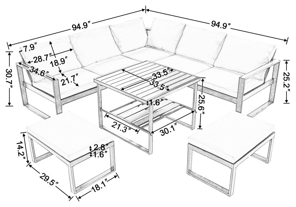 6-Piece Outdoor Steel Industrial Style Patio Sofa Combination Set With Table, Dark Gray