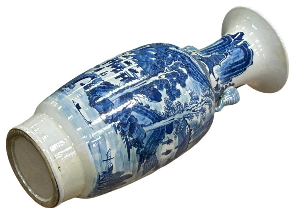 23" Vintage Blue White Scenery Porcelain Elephant Head Ear Art Vase Hws4363