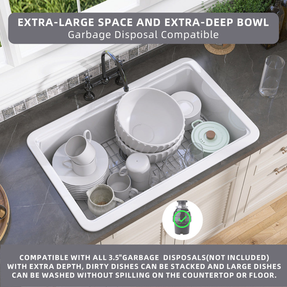 33"Lx22"W Drop-in/Undermount Farmhouse Fireclay Kitchen Sink With Accessories